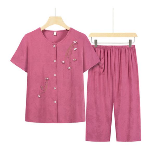 夏季中老年綿綢套裝（皮粉色）【尺碼：XL-4XL】【下單後聯絡客服確認發貨尺碼】F203013241