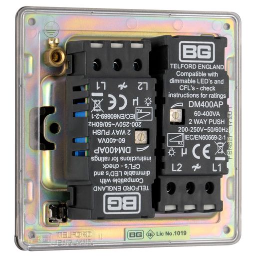 BG Flatplate Push Button Dimmer Switch – 400W LED Compatible – Metal Finish – 1 Or 2 Gang – Chrome/Nickel/Steel