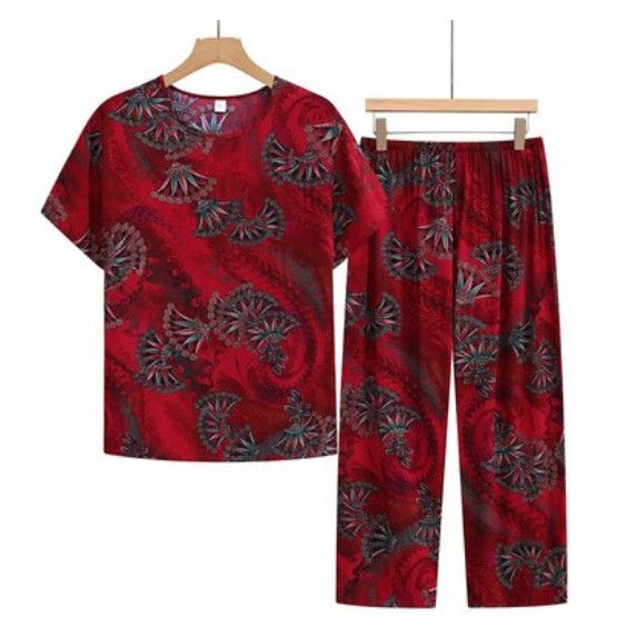 夏季中老年棉麻休閒套裝（星空棗紅）【尺碼：XL-3XL】【下單後聯絡客服確認發貨尺碼】F203013087