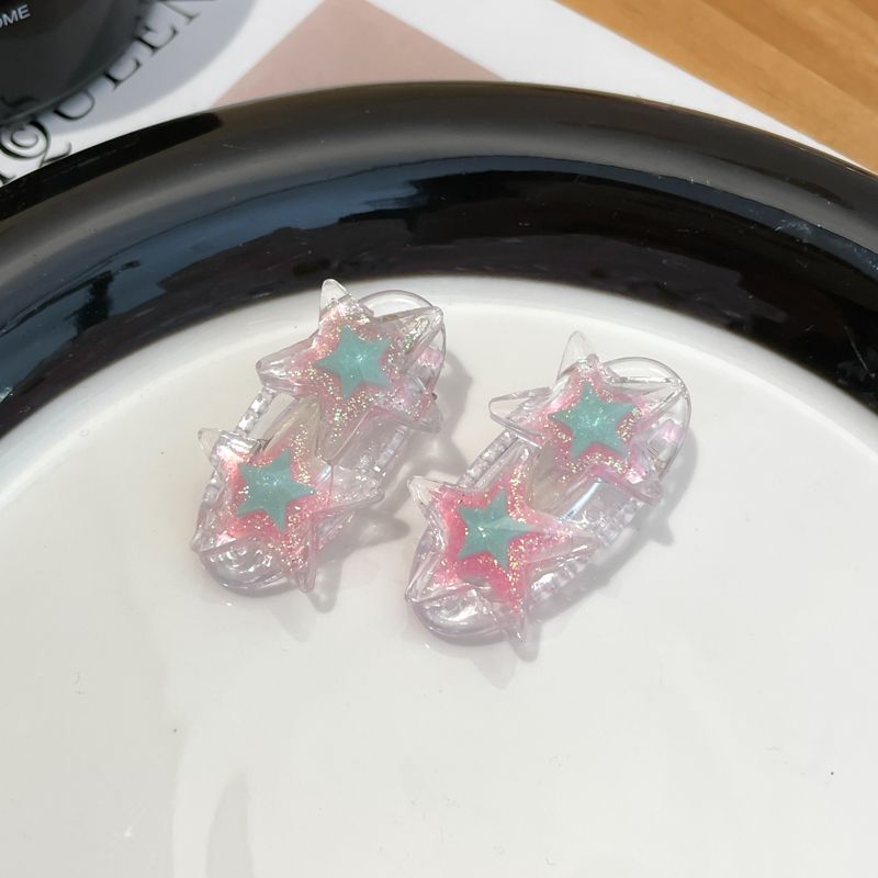 兒童彩色小髮夾側邊夾 頭飾/髮飾(17-鴨夾雙星淺粉+淺藍-1對)