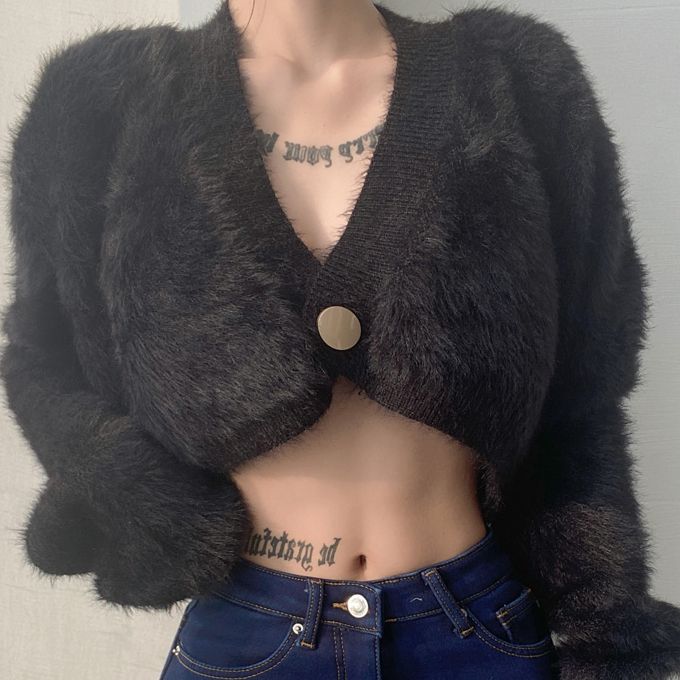 仿貂長毛針織上衣(黑色)(均碼)#K004003288