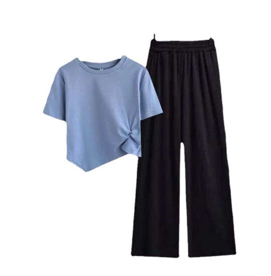 不規則短款T卹闊腿褲套裝【藍色】 (尺碼：S-2XL碼) (下單後聯繫客服確認發貨尺碼)#F158027152
