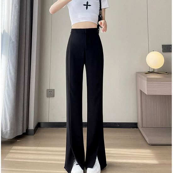 鬆緊腰開叉喇叭闊腿褲【黑色常規】【XS-4XL碼】（下單後請聯絡客服確認發貨尺碼）#K012002109