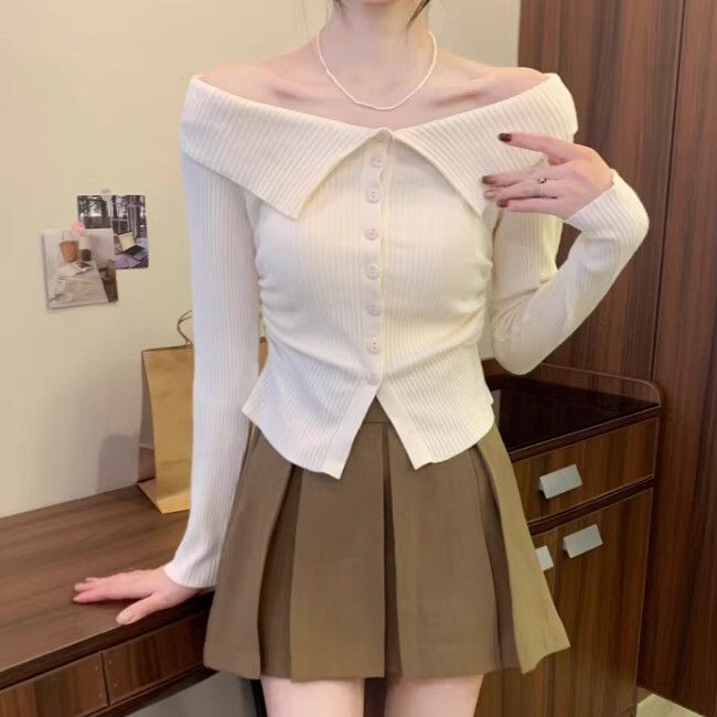 一字肩兩穿針織衫(均碼)(杏色)#K004008506