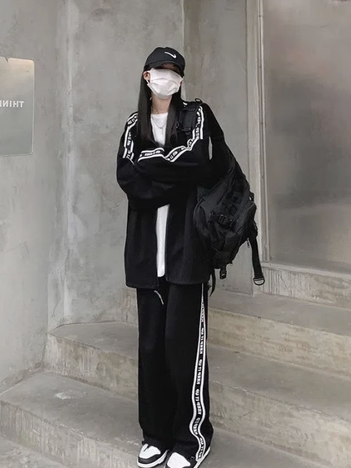 運動寬鬆闊腿衛褲兩件套（黑色L-4XL）（下單後聯絡客服確認發貨尺碼）#F349001147