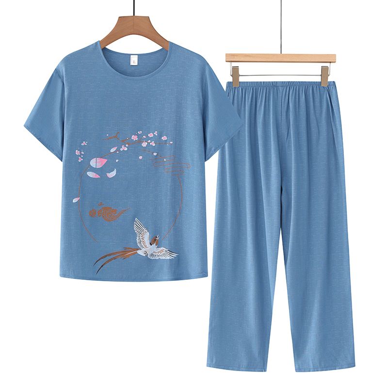 中老年媽媽短袖套裝(XL-4XL碼 藍色）【下單後請聯絡客服確認發貨尺碼】F001099451