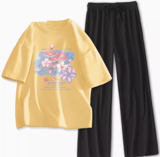 寬鬆短袖長褲兩件套【鵝黃色（塗雅櫻花）+黑褲】【S-XL碼】（下單後請聯絡客服確認發貨尺碼）#K011002499