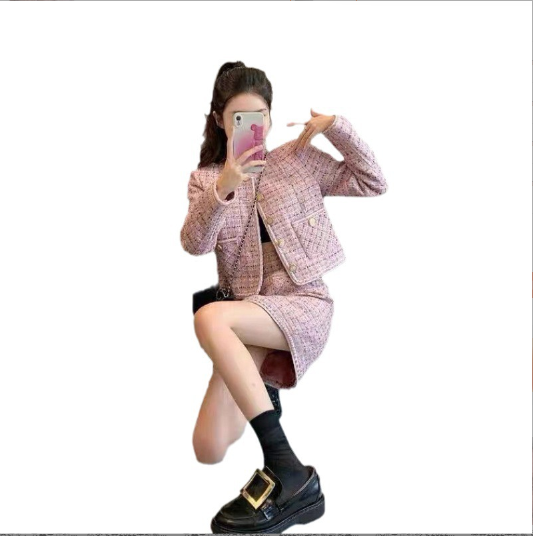 小香風套裝（粉色外套+粉色半身裙）（規格：S-XL碼）(下單後聯絡客服確認發貨尺碼) #F047050442