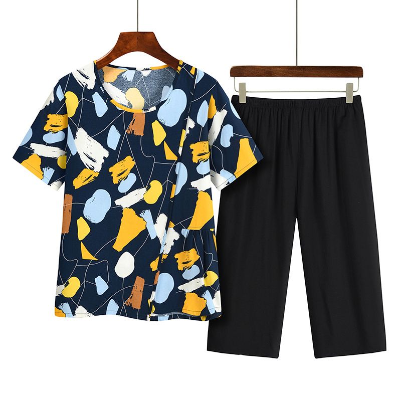 中老年媽媽短袖套裝(XL-4XL碼 藍色）【下單後請聯絡客服確認發貨尺碼】F001099368