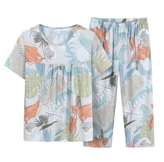 夏季中老年綿綢套裝（淺色芭蕉）【尺碼：XL-4XL】【下單後聯絡客服確認發貨尺碼】F203013161