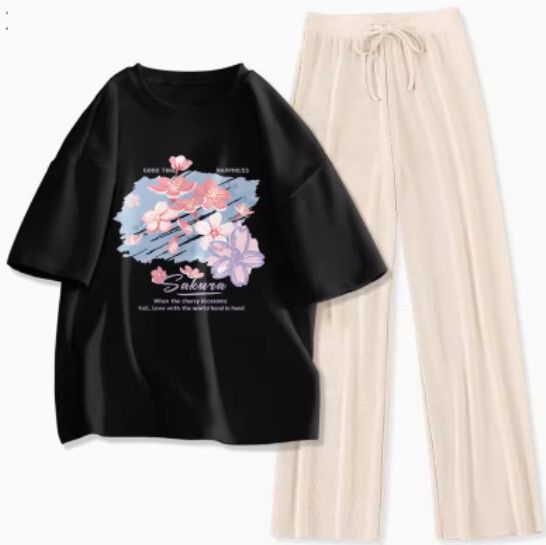 寬鬆短袖長褲兩件套【黑色（塗雅櫻花）+杏褲】【S-XL碼】（下單後請聯絡客服確認發貨尺碼）#K011002500