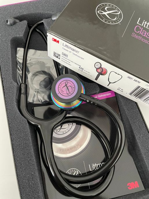 3M Littmann Classic III Stethoscope, Rainbow-Finish Chestpiece, black stem  and headset, Black Tube, 27 inch 