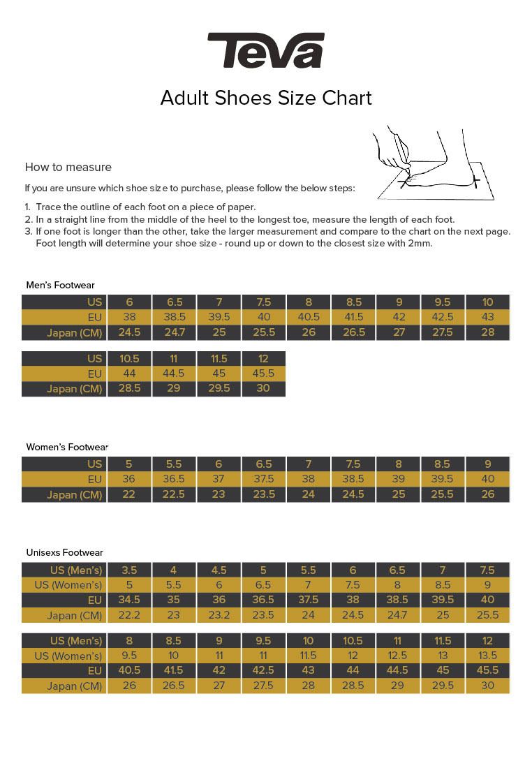 teva sandals size chart