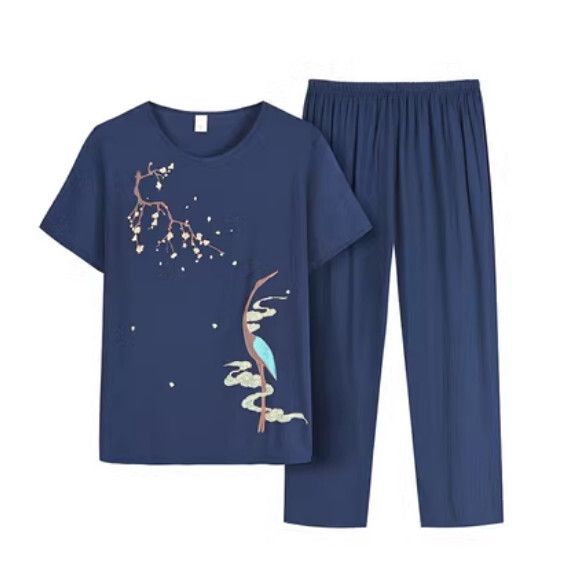 夏季中老年純棉麻套裝（【千鶴】藏青色）【尺碼：XL-4XL】【下單後聯絡客服確認發貨尺碼】F203013028
