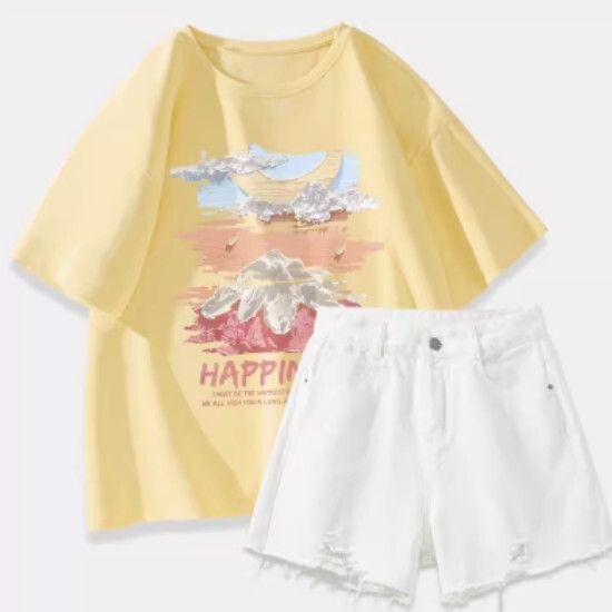 t恤+牛仔短褲【鵝黃色（大油畫夢境）+白褲】【S-2XL碼】（下單後請聯絡客服確認發貨尺碼）#K011002452