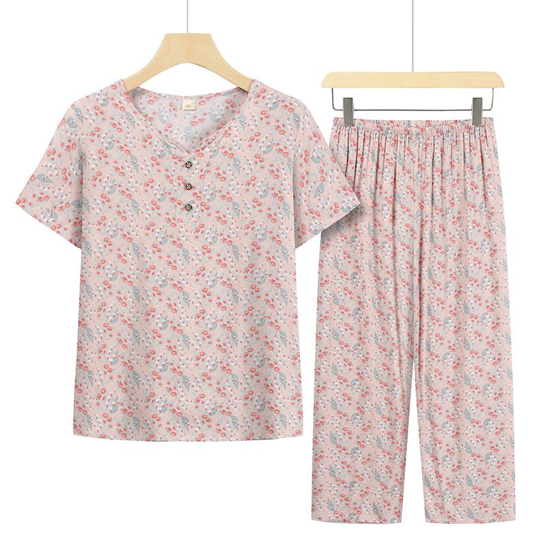 老年人短袖套裝( XL-4XL碼 粉底葉子小花）【下單後請聯絡客服確認發貨尺碼】F001099096