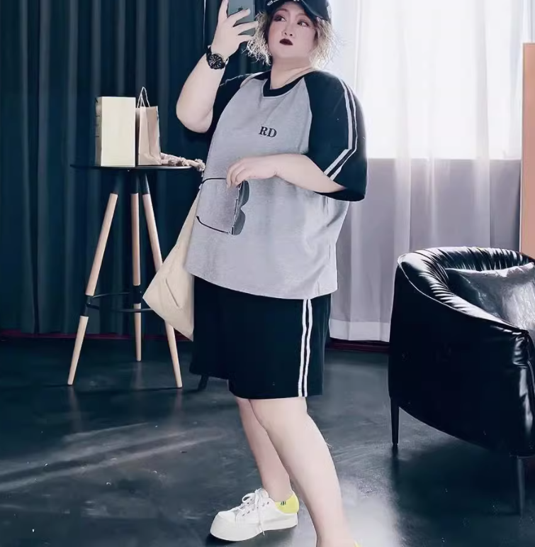 短袖T恤+短褲套装（灰色L-4XL）（下單後聯絡客服確認發貨尺碼）#F349001052