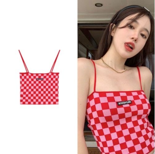 棋盤格吊帶小背心(紅色,均碼)#F220012100