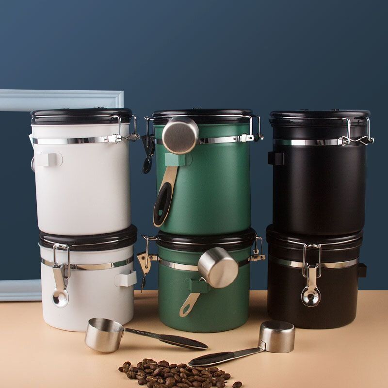 Stainless Steel Airtight Jar Coffee Bean Coffee Powder Storage Jar With Scoop 1500ML - Green