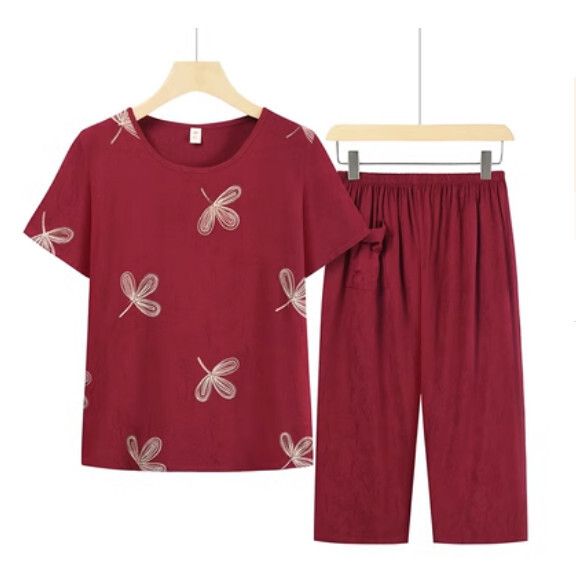 夏季中老年綿綢套裝（酒紅）【尺碼：XL-3XL】【下單後聯絡客服確認發貨尺碼】F203013226