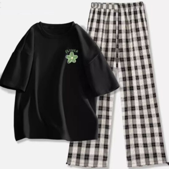 短袖百搭休閒兩件套【黑色（清雅花）+黑白褲】【S-2XL碼】（下單後請聯絡客服確認發貨尺碼）#K011002584
