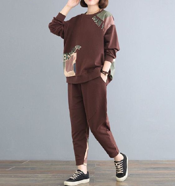 時尚寬鬆長袖兩件套【咖啡色】 (尺碼：L-5XL碼) (下單後聯繫客服確認發貨尺碼)#F158027420
