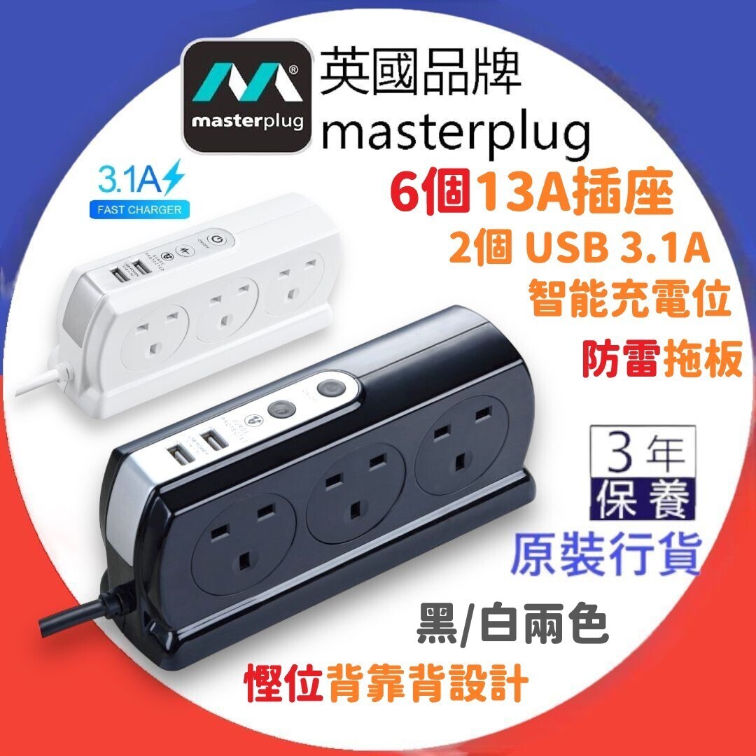 【SRGDSU62PW】 Surge Compact 2 USB X3.1A with 6 x13A 2M extension lead High gloss White Back to Back