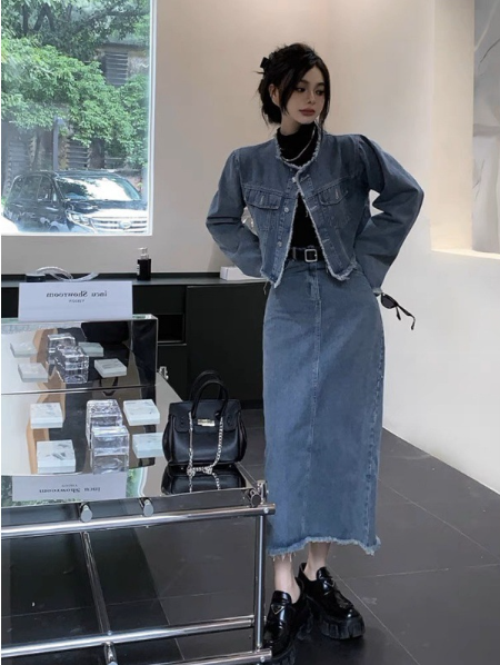 圓領毛邊牛仔外套半身裙兩件套（藍色）（規格：S-XL碼）(下單後聯絡客服確認發貨尺碼) #F047050388