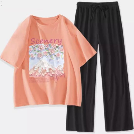 短袖冰絲褲兩件裝【橘粉色（富士櫻花）+黑褲】【S-XL碼】（下單後請聯絡客服確認發貨尺碼）#K011002685