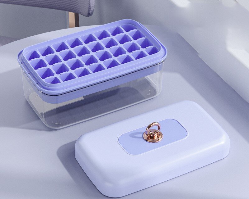 (Purple | 32格) 矽膠冰格+儲冰盒 輕鬆按壓冰凍格 雪櫃矽膠冰箱製冰盒  Ice Molds