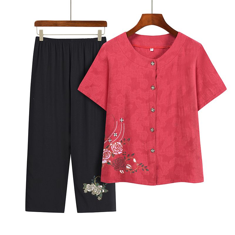 老年人短袖套裝( XL-4XL碼 紅色）【下單後請聯絡客服確認發貨尺碼】F001099073
