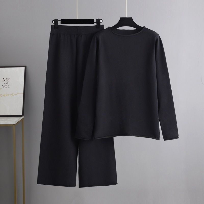 氣質休閒針織毛衣套裝(均碼 上衣+褲子 黑色）#F001100151