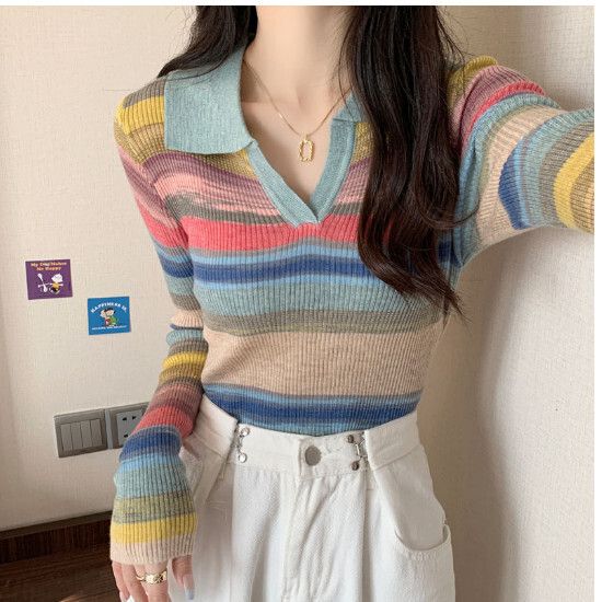 polo領條紋針織衫【藍色】尺碼【均碼】#F128014361