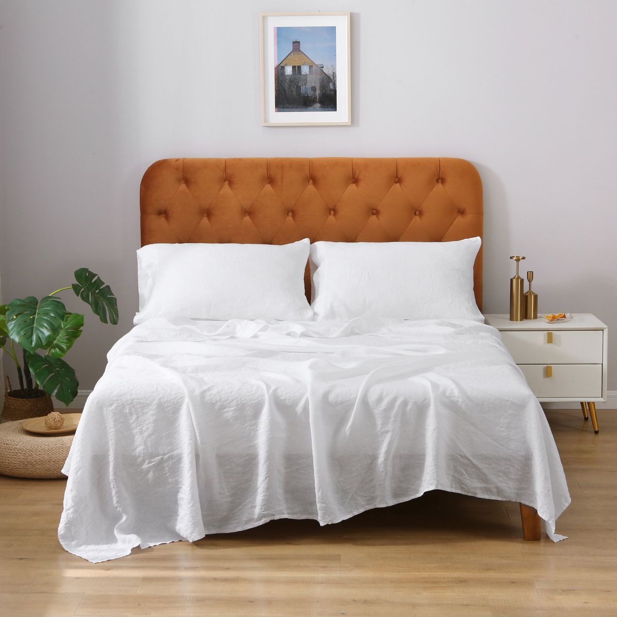 100% French Linen Sheet Set - 4 Piece Bedsheet - 1 Flat Sheet & 1 Fitted Sheet & 2 Pillowcases White