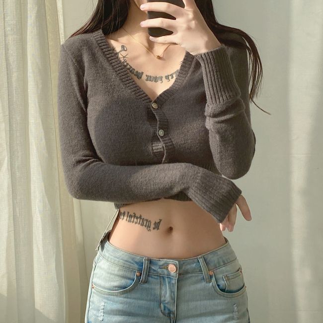 短款長袖針織開衫(碳灰色)(S/M碼)(下單後聯絡客服確認發貨尺碼)#K004003298