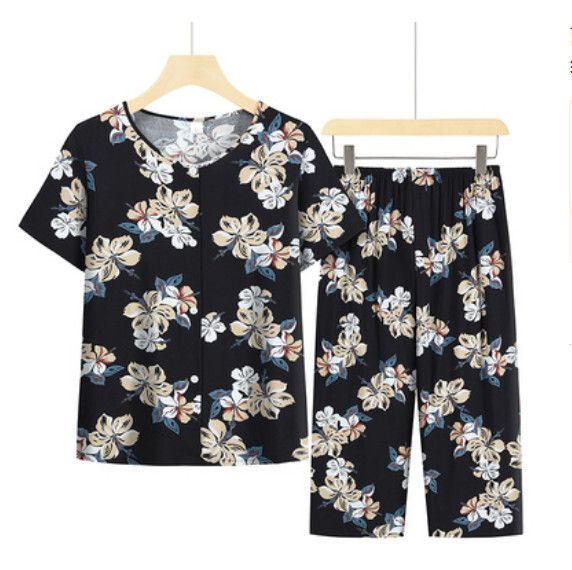 夏季中老年綿綢套裝（黑色）【尺碼：XL-4XL】【下單後聯絡客服確認發貨尺碼】F203013272