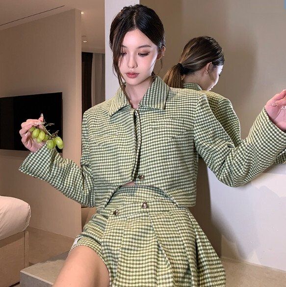 小香風綠色格子短外套短裙（S-M）（下單後聯絡客服確認發貨尺碼）#F340001011