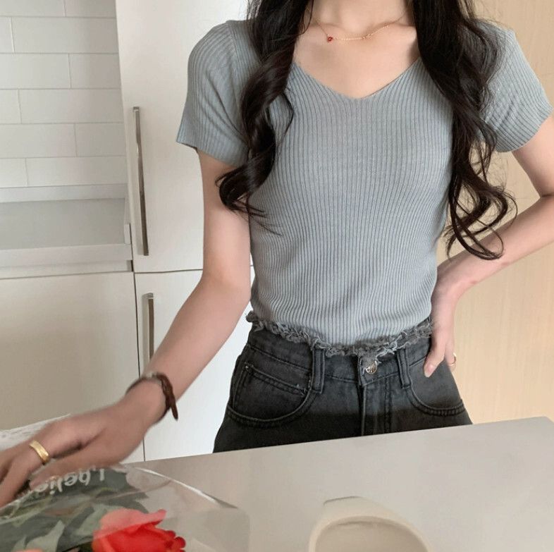 V領針織衫百搭修身（灰色 均碼）#F46015256