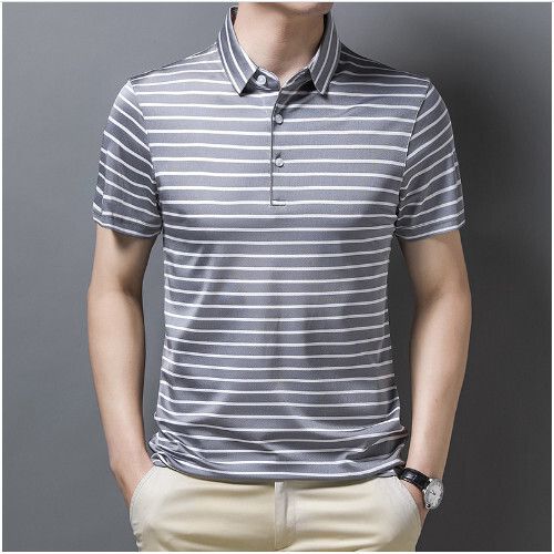 男短袖條紋冰絲上衣t恤（灰色105-130碼）（下單後聯繫客服確認發貨尺碼）#S055008316