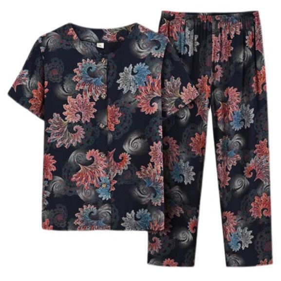 夏季中老年棉綢睡衣套裝（旋轉海浪）【尺碼：XL-4XL】【下單後聯絡客服確認發貨尺碼】F203013071