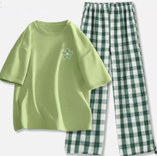 短袖百搭休閒兩件套【果綠色（清雅花）+深綠褲】【S-2XL碼】（下單後請聯絡客服確認發貨尺碼）#K011002583