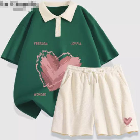 短袖短褲兩件套【綠色（心跳節拍）+奶白褲】【S-XL碼】（下單後請聯絡客服確認發貨尺碼）#K011002792