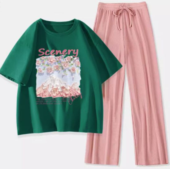 短袖冰絲褲兩件裝【墨綠色（富士櫻花）+粉褲】【S-XL碼】（下單後請聯絡客服確認發貨尺碼）#K011002691