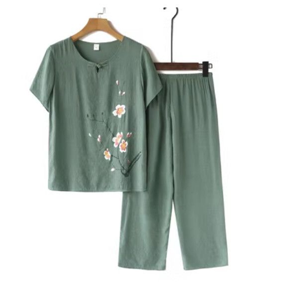 夏季中老年棉麻套裝（盤扣款綠色）【尺碼：XL-4XL】【下單後聯絡客服確認發貨尺碼】F203013019