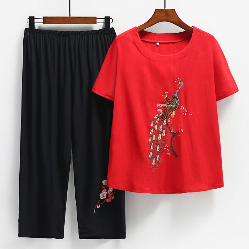 中老年媽媽短袖套裝(XL-4XL碼 大紅色）【下單後請聯絡客服確認發貨尺碼】F001099435