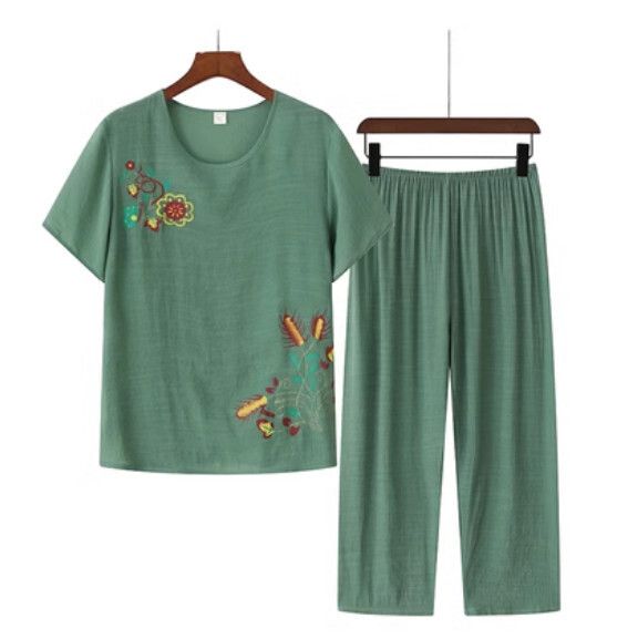 夏季中老年棉麻套裝（綠色）【尺碼：XL-4XL】【下單後聯絡客服確認發貨尺碼】F203013008