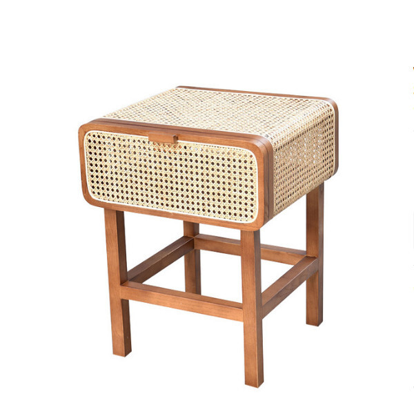 韓國新款編織實木床頭櫃復古白蠟木小櫃(棕色)    #H099024128