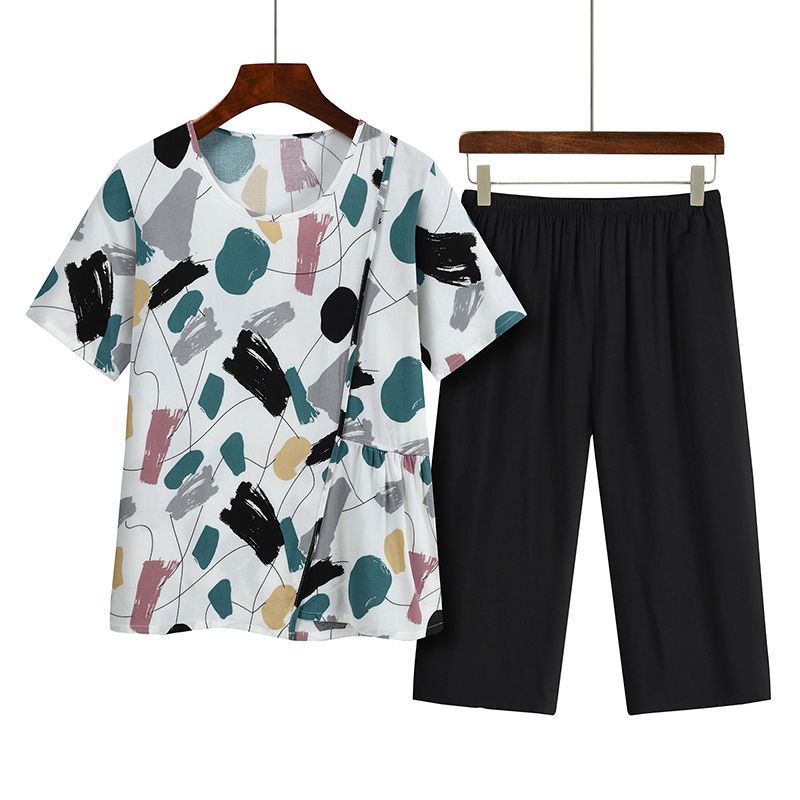 中老年媽媽短袖套裝(XL-4XL碼 白藍）【下單後請聯絡客服確認發貨尺碼】F001099359