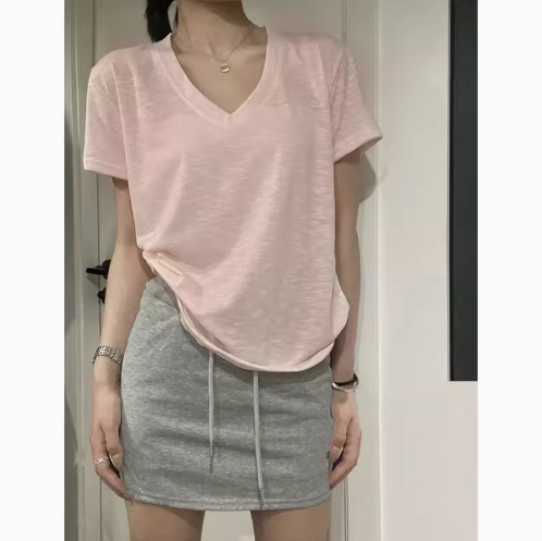 V領正肩短袖T恤（粉色 優質純棉）（尺碼：M-XXL碼）（下單後聯繫客服確認尺碼）