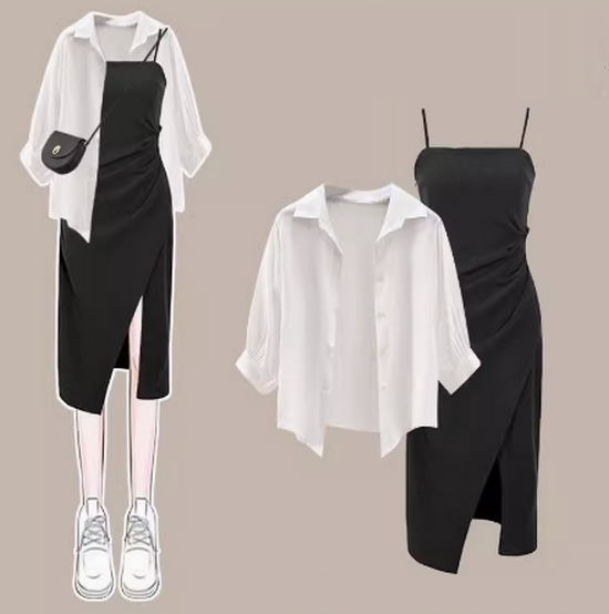 夏季防曬套裝裙（ 白色衫+黑色吊帶裙 S-2XL） （下單後聯絡客服確認發貨尺碼）#F350001008